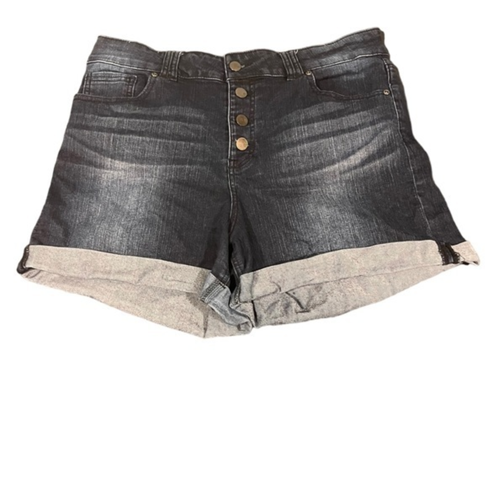New York & Company High Rise Button Fly Cuffed Denim Shorts Dark Wash 14 #353